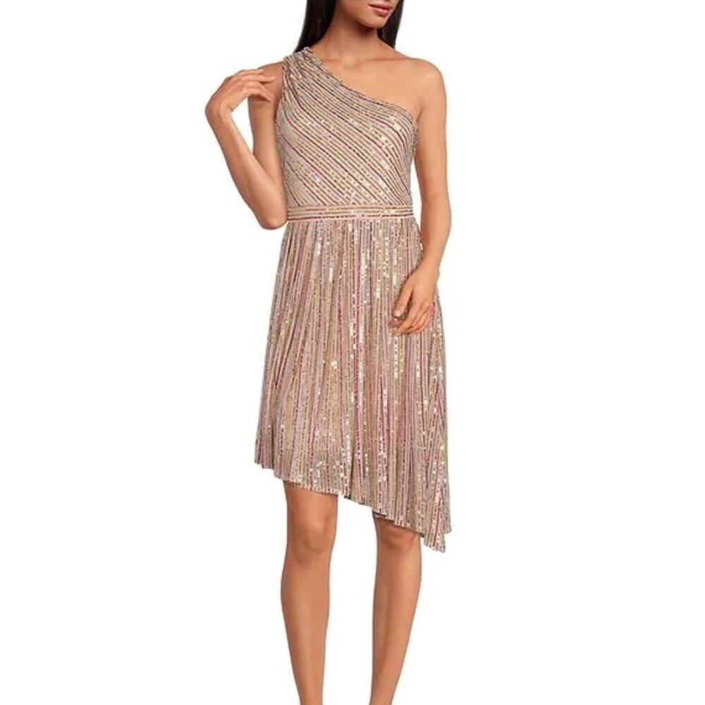 NWT Laundry by Shelli Segal Stripe Sequin Asymmetrical Dress Size 4